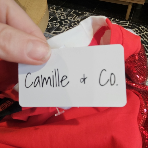 QUEEN OF SPARKLES Georgia Game Day Dress Sequin Puff Sleeve.Red/black/wht.M NWT - Picture 6 of 16